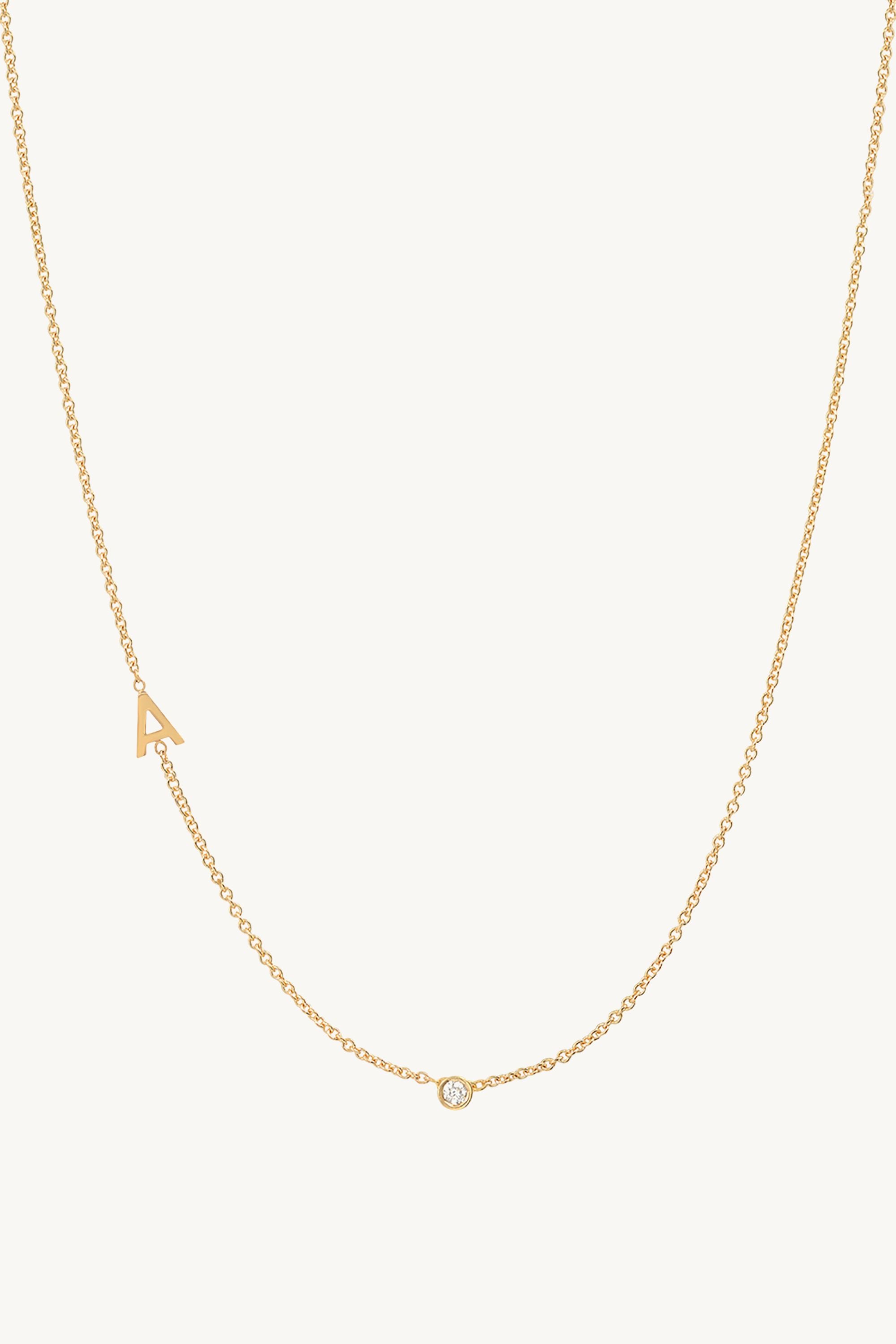 Small Asymmetrical Initial & Diamond Necklace - 14K Yellow