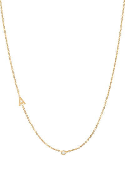 14K Gold Asymmetrical Initial and Bezel Diamond Necklace 14''-16'' Adjustable (Choker Length) + / 2 [+$80]